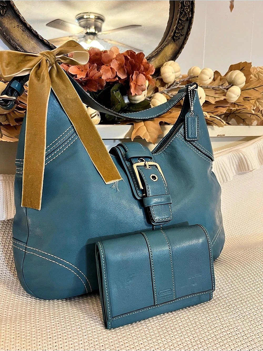 🦋 Vintage Y2K Coach Soho Turquoise Leather Buckle Hobo Bag & Wallet SET🦋
